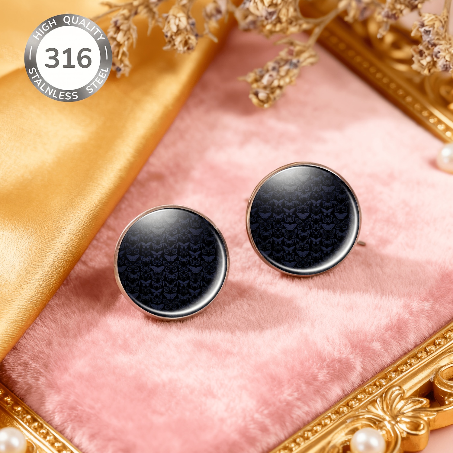 2pcs Black Round Pattern Butterfly Stainless Steel No-Punching Earrings